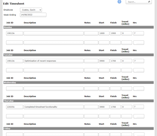 Edit Timesheets - Showing how timesheet data can be entered