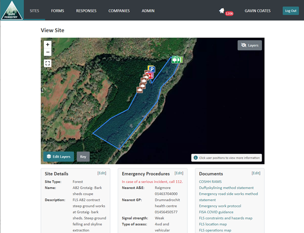 Map View - Showing a custom site map highlighting hazards and various equipment locations